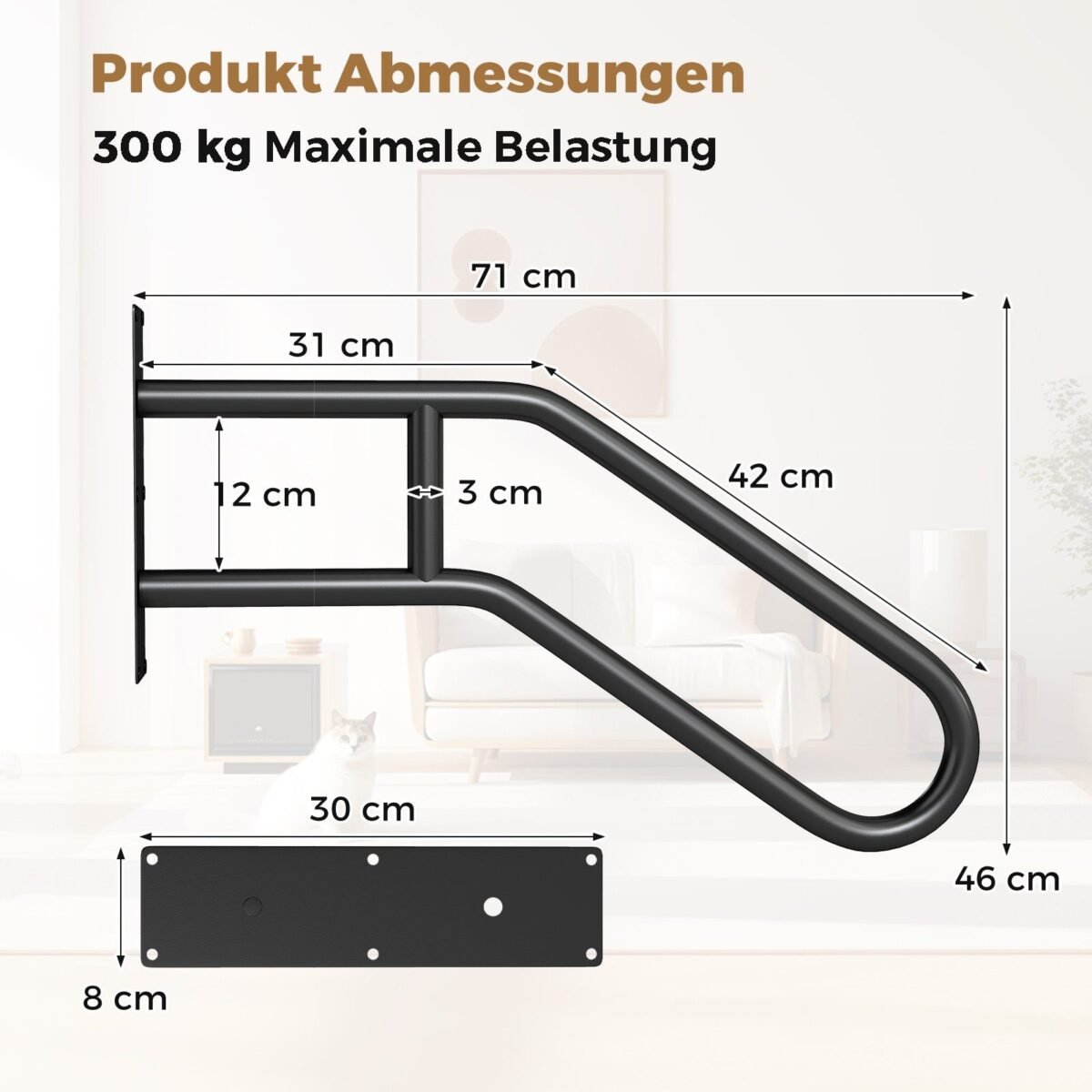 U formos laiptų turėklas su tvirta metalo konstrukcija (Juoda)