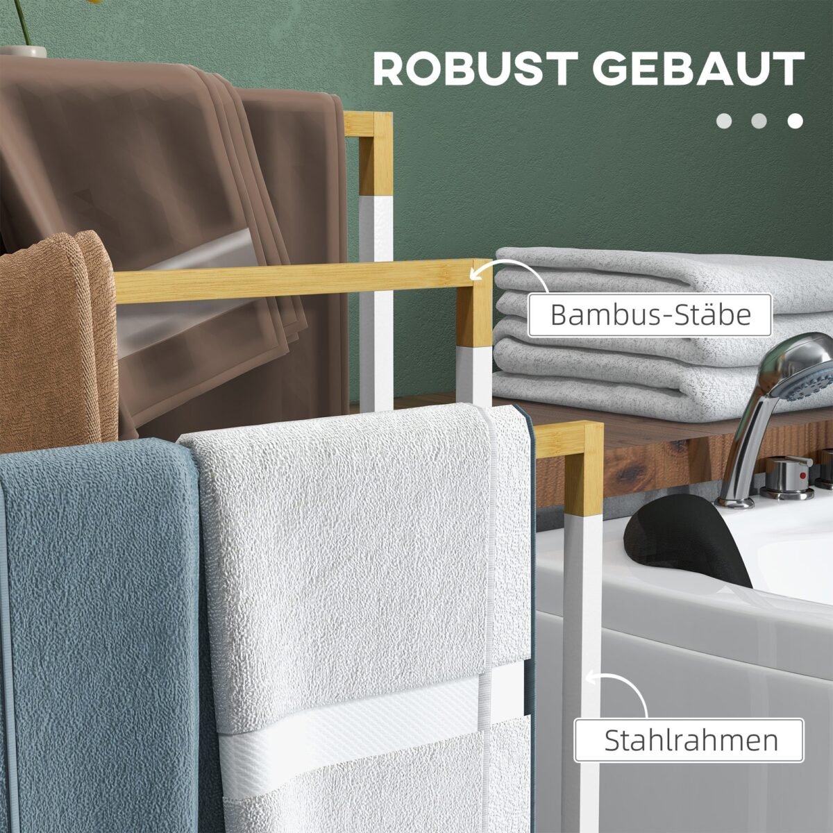 Trijų pakopų pastatomasis rankšluosčių stovas iš bambuko ir plieno