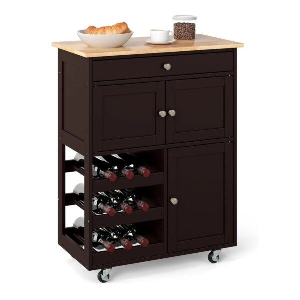 Virtuvinis vežimėlis su stalčiais ir trigubu vyno laikikliu (Ruda)