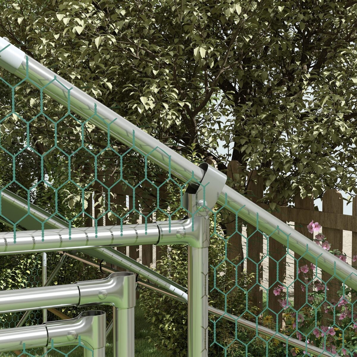 Erdvus vištų lauko aptvaras 6-8 vištoms su UV atspariu stogu ir lesykla