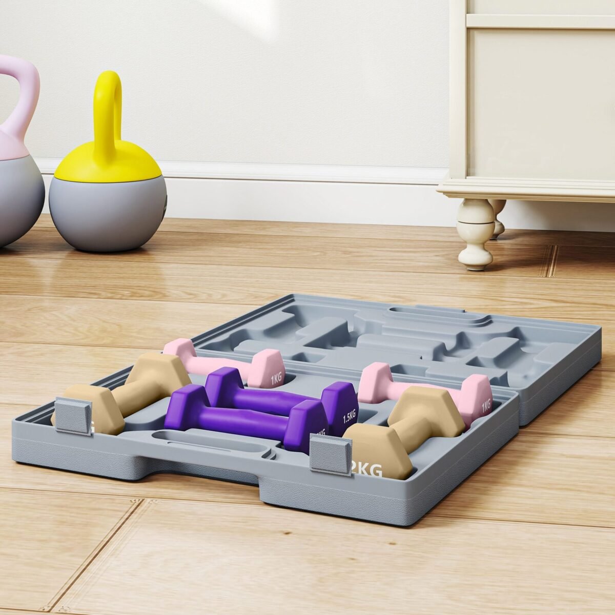 6 dalių hantelių rinkinys su transportavimo dėklu (1 kg, 1,5 kg, 2 kg)