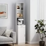 Aukšta siaura vonios spintelė su reguliuojama lentyna ir stalčiumi