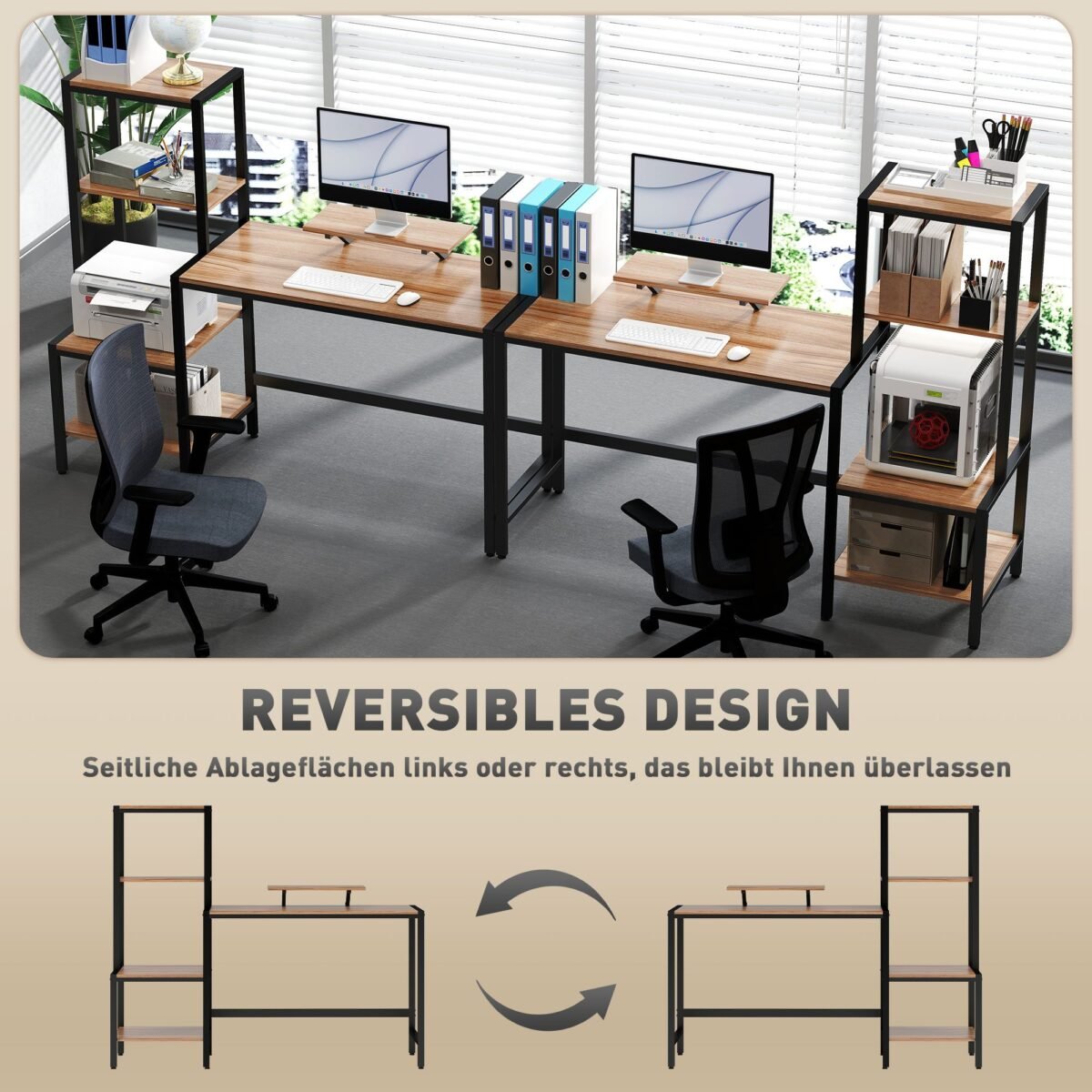 Kompiuterinis stalas su reguliuojama keturių pakopų lentyna ir monitoriaus stovu