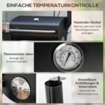 Anglinis grilius-rūkykla su termometru, ratukais ir atlenkiama šonine lentyna