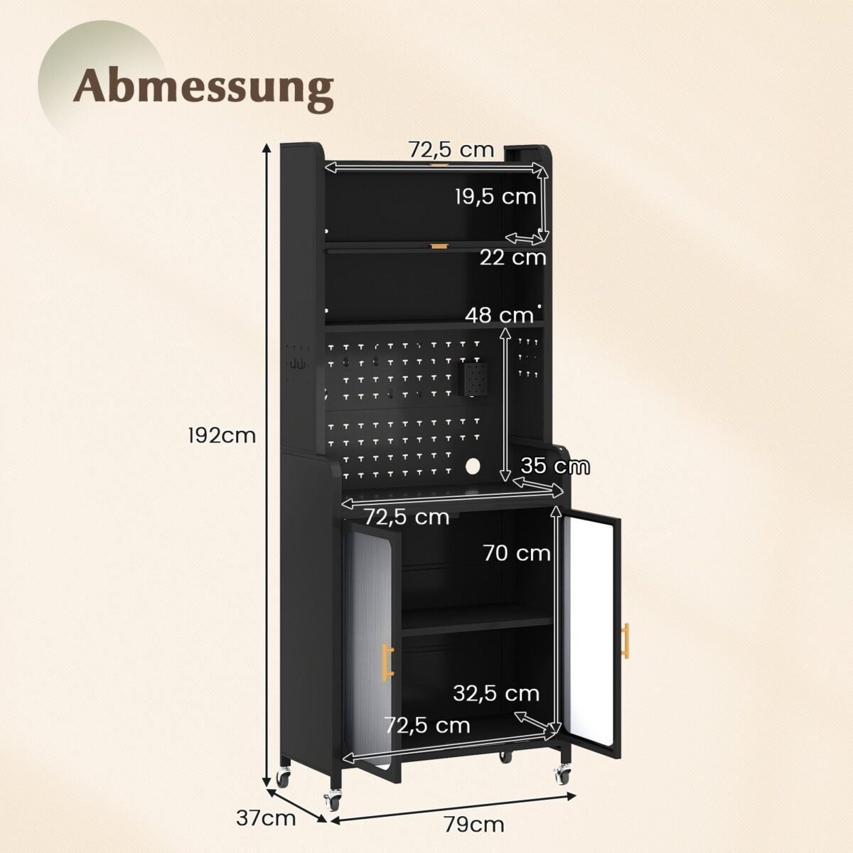 Virtuvės spintelė su ratukais ir perforuota sienele (Juoda)