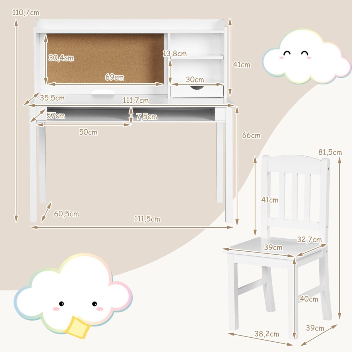 Vaikiškas rašomasis stalas su kėdės komplektu ir sienine lentyna (Balta)