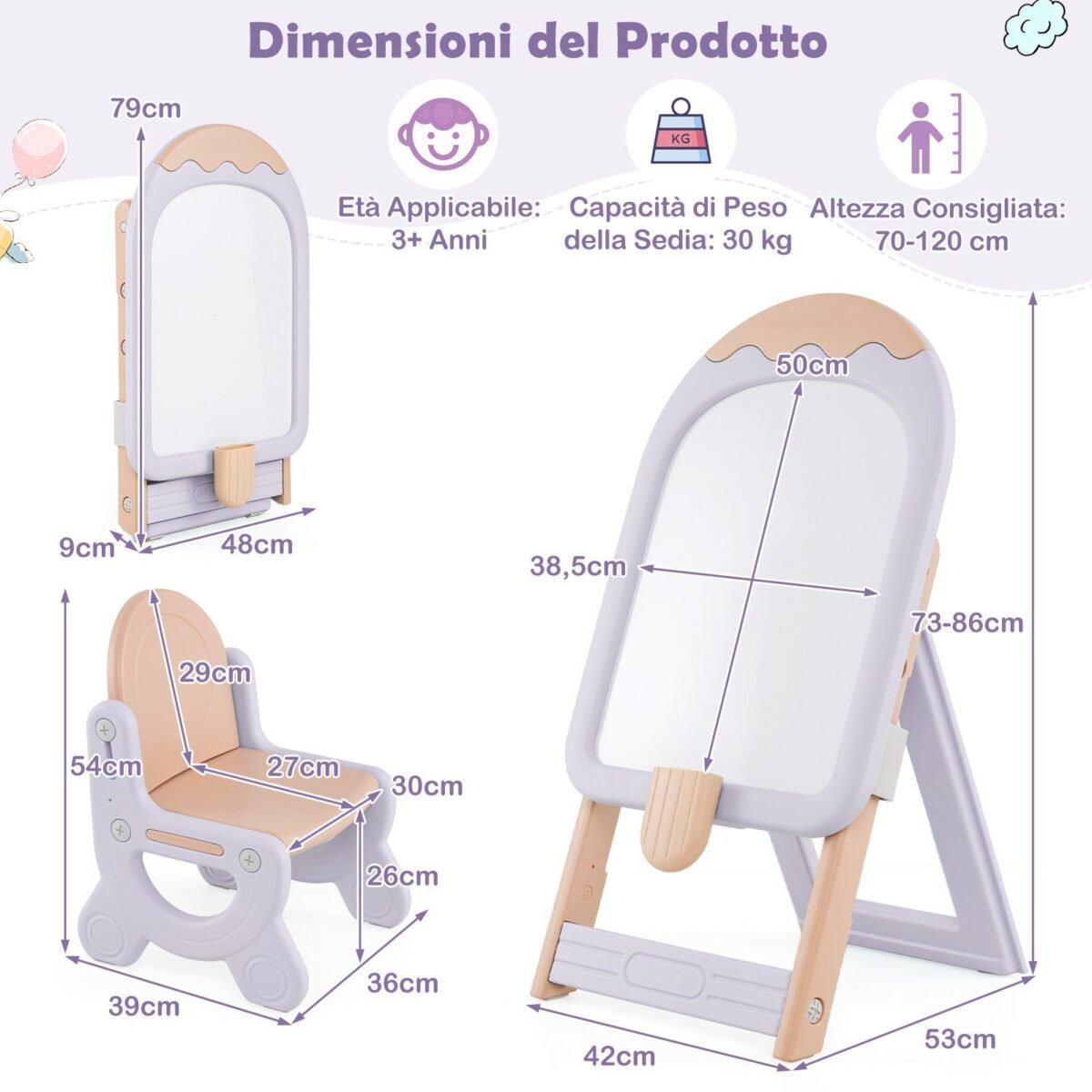 Reguliuojamo aukščio vaikiška mokyklinė lenta su kėdute (Violetinė)