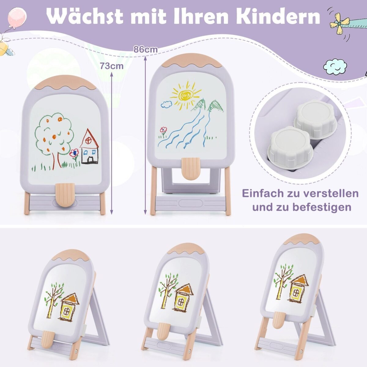 Reguliuojamo aukščio vaikiška mokyklinė lenta su kėdute (Violetinė)