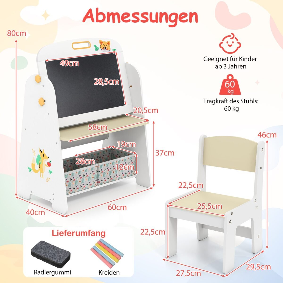 Vaikiška rašymo lenta su kėdute ir laikymo stalčiais (Natūrali)