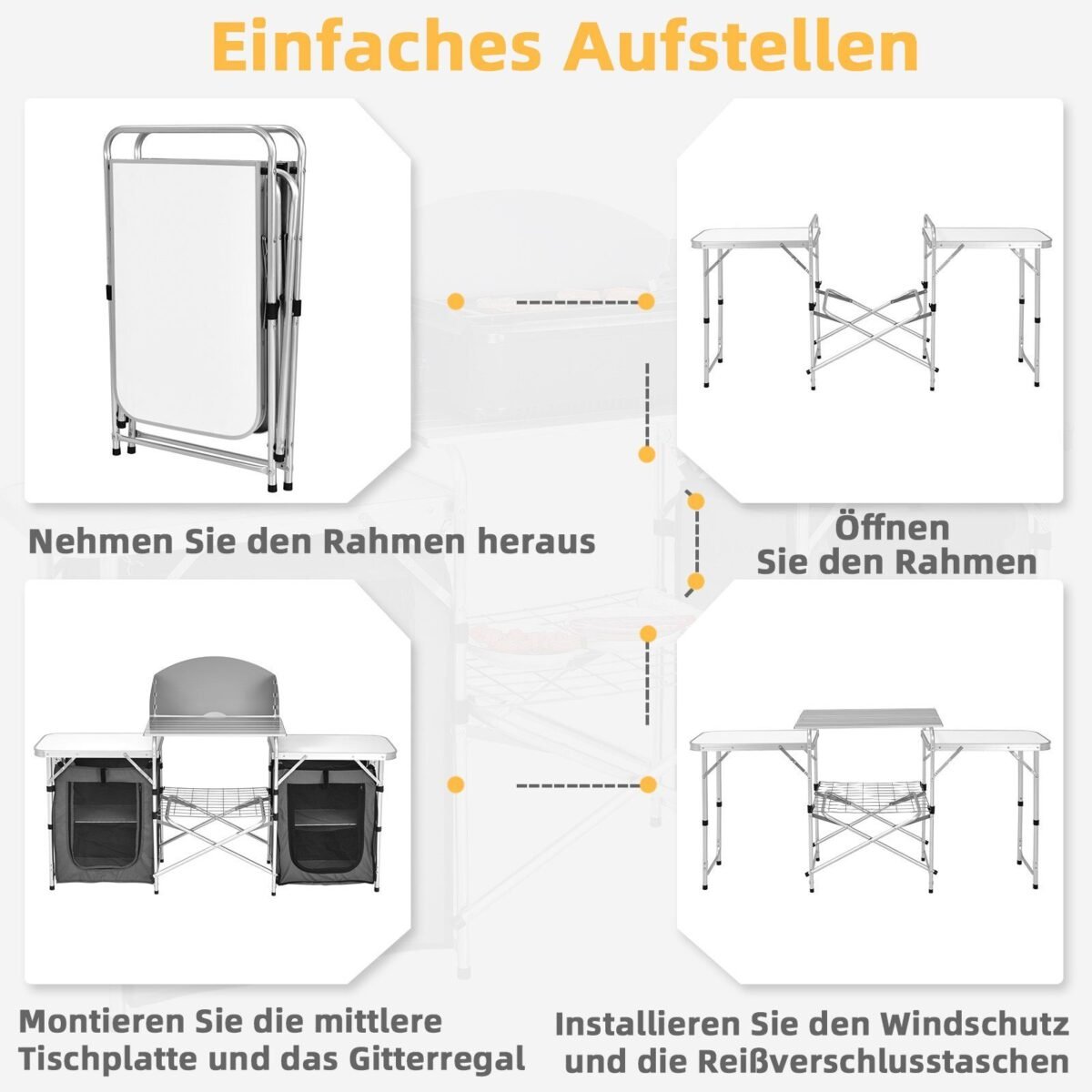 Nešiojama kempingo virtuvėlė su stalviršiu ir laikymo lentynomis (Pilka)