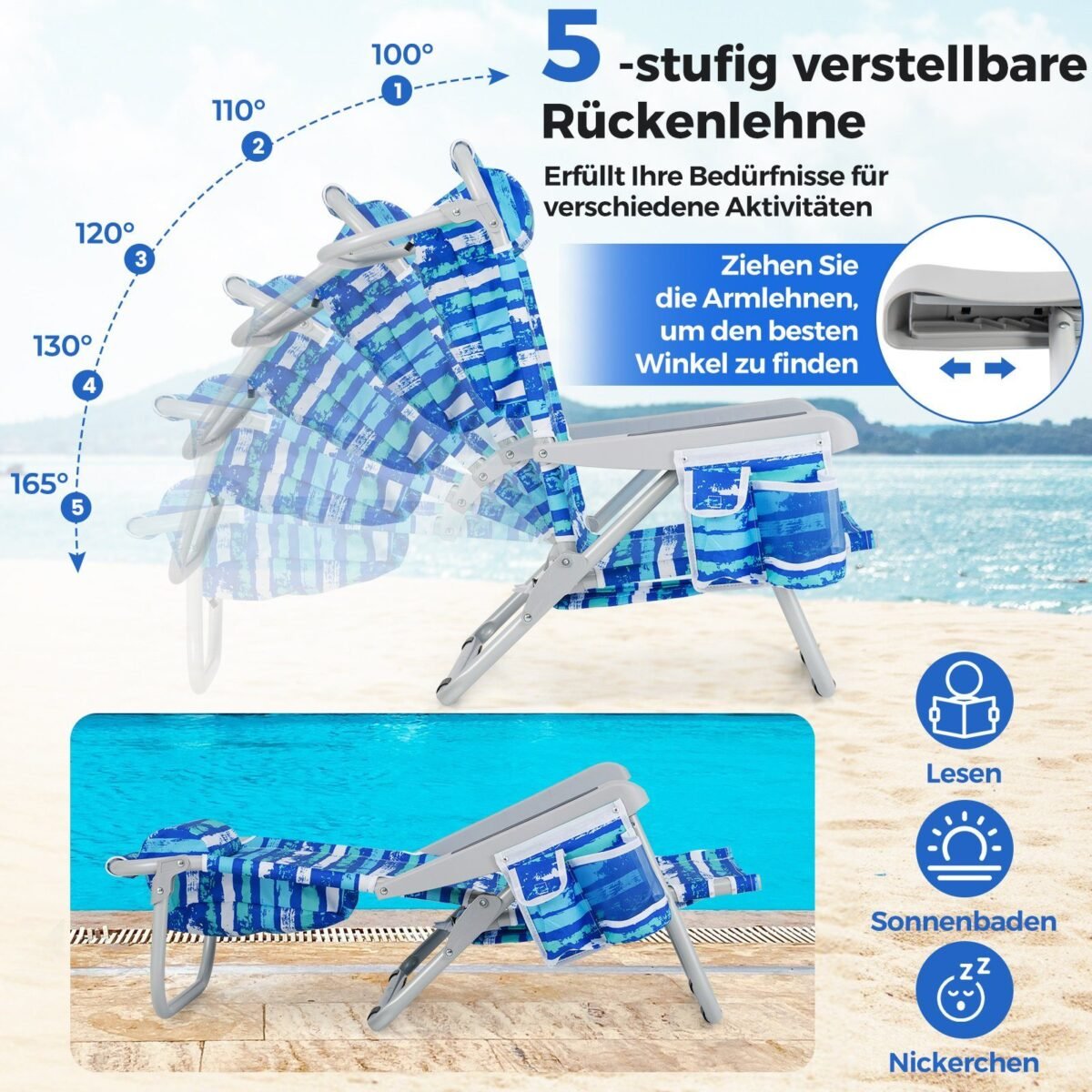 Sulankstoma kempingo kėdė su reguliuojamu atlošu (Mėlynai žalia)