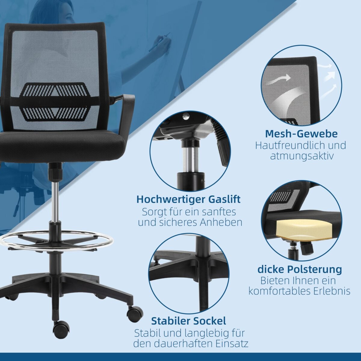 Aukšta biuro kėdė su reguliuojamu aukščiu, pakoju ir tinkline nugaros atrama