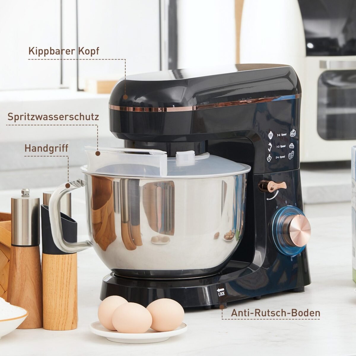 Galingas virtuvinis maišytuvas su 5,5 l nerūdijančio plieno dubeniu ir 6 greičio nustatymais