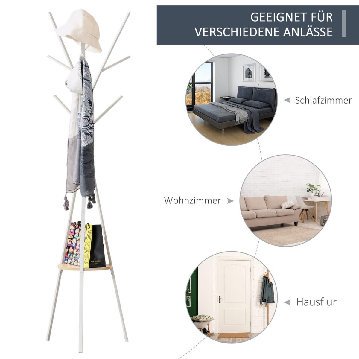 Moderni drabužių kabykla su lentyna ir 8 kabliukais