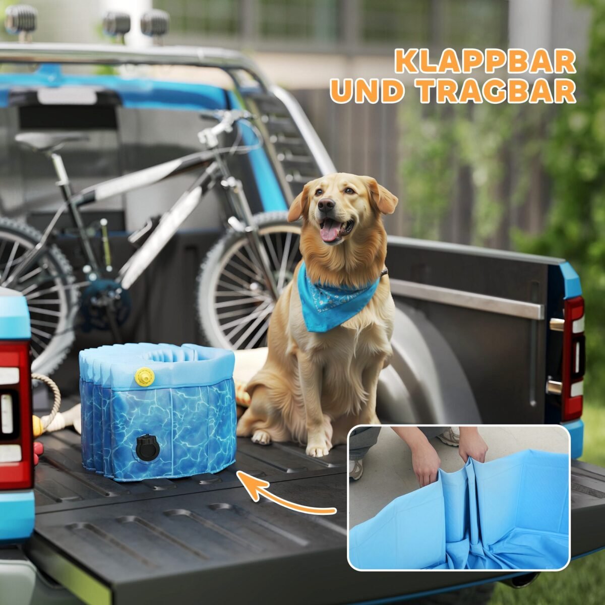 Sulankstomas šunų baseinas su fontano bei vandens pagalvėlės dizainu