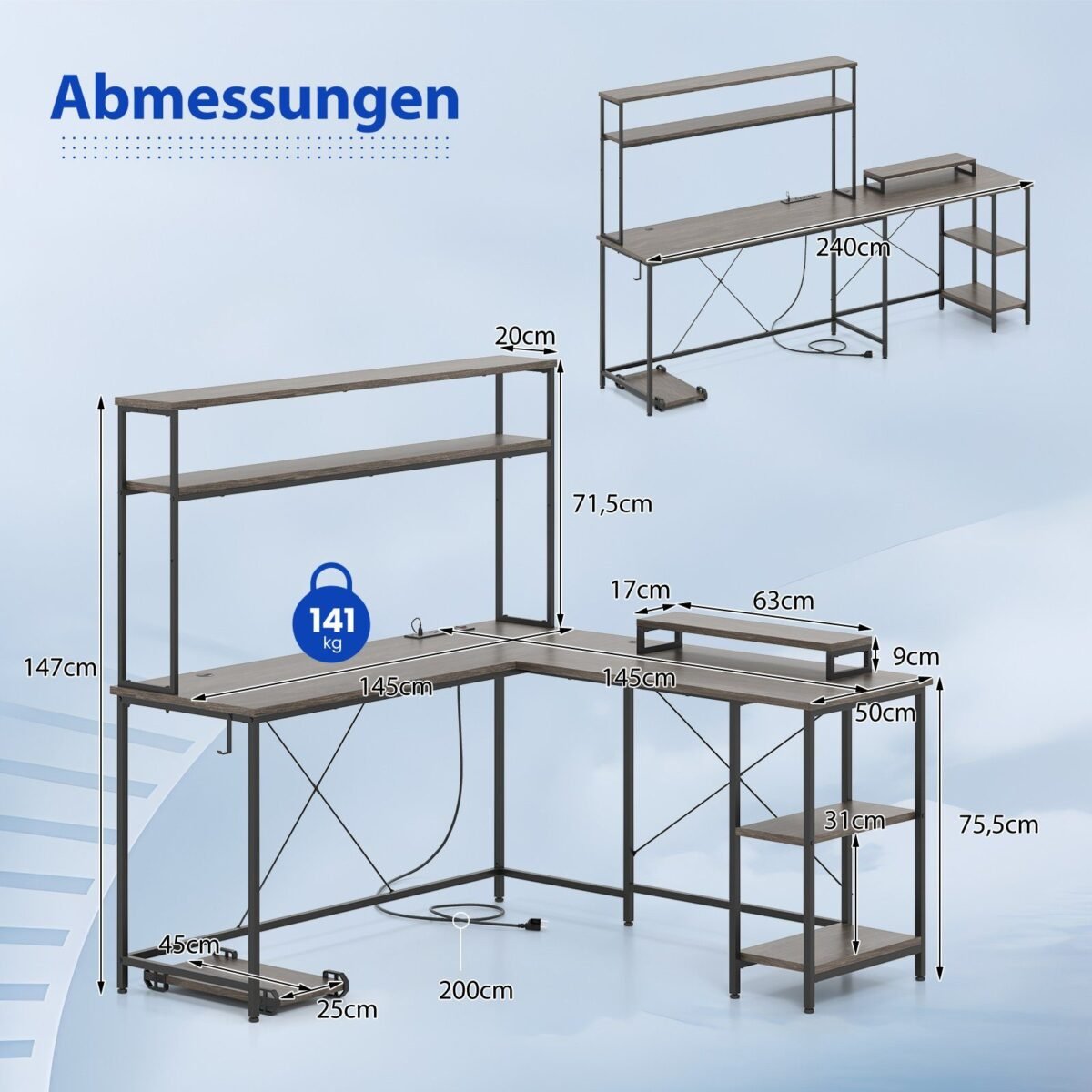 L formos kampinis rašomasis stalas su LED apšvietimu ir integruota įkrovimo stotele (Pilka)