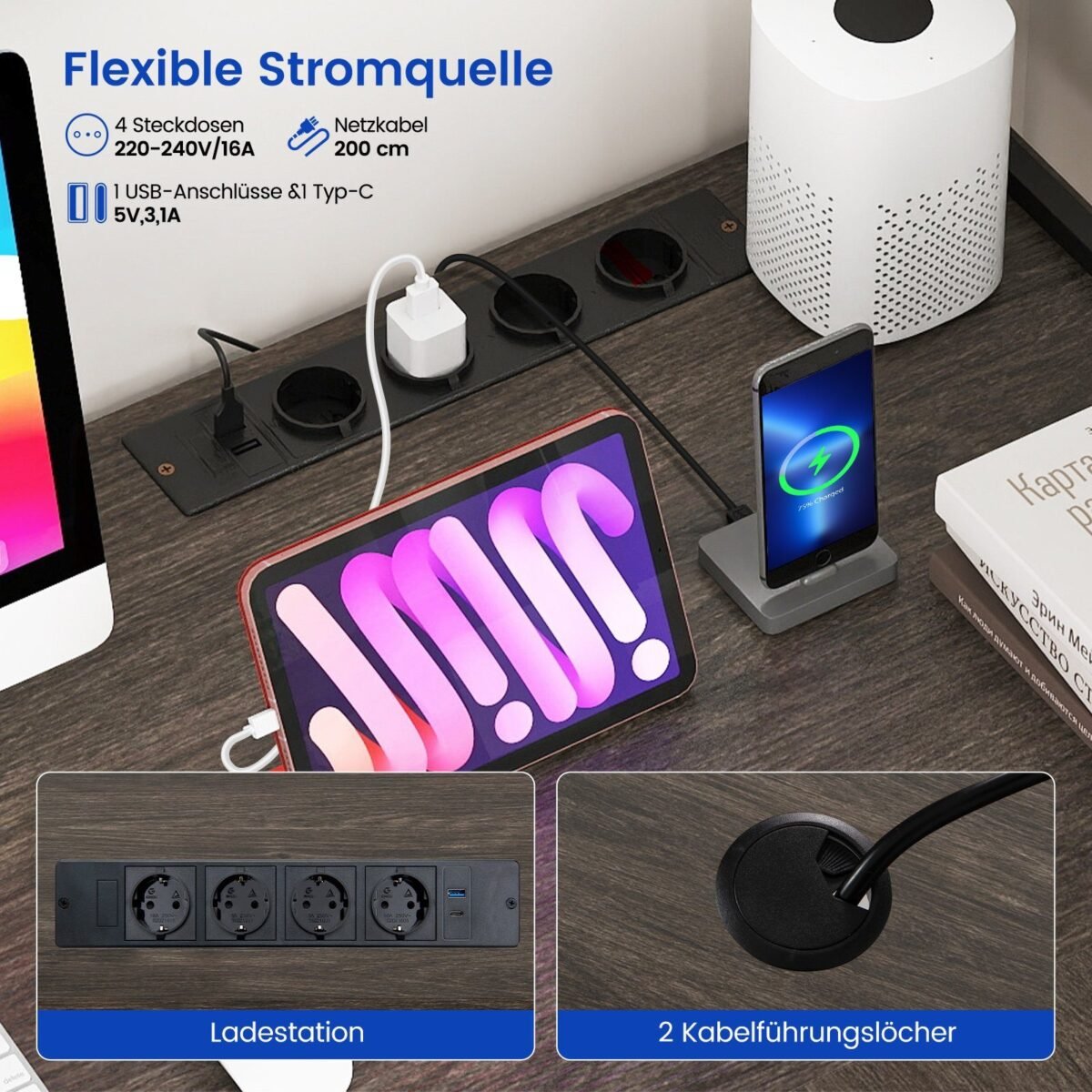 L formos kampinis rašomasis stalas su LED apšvietimu ir integruota įkrovimo stotele (Pilka)