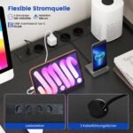 L formos kampinis rašomasis stalas su LED apšvietimu ir įmontuota stotele (Juoda)