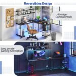 L formos kampinis rašomasis stalas su LED apšvietimu ir įmontuota stotele (Juoda)