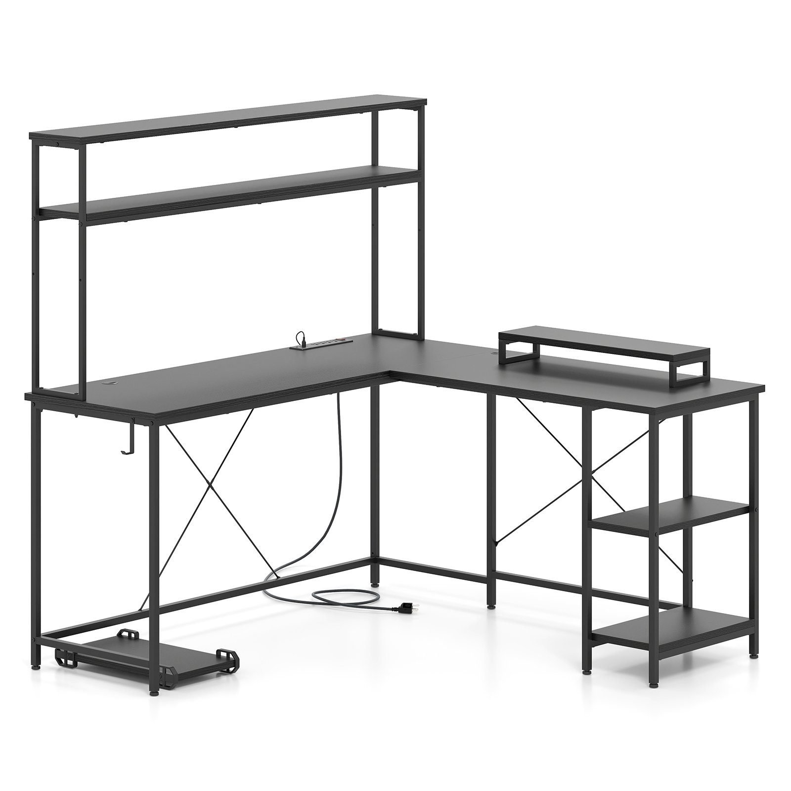 lfrmigergamingschreibtischmitledstreifensteckdoseneckschreibtischcpmputertischschwarz_image_6 L formos kampinis rašomasis stalas su LED apšvietimu ir įmontuota stotele (Juoda)