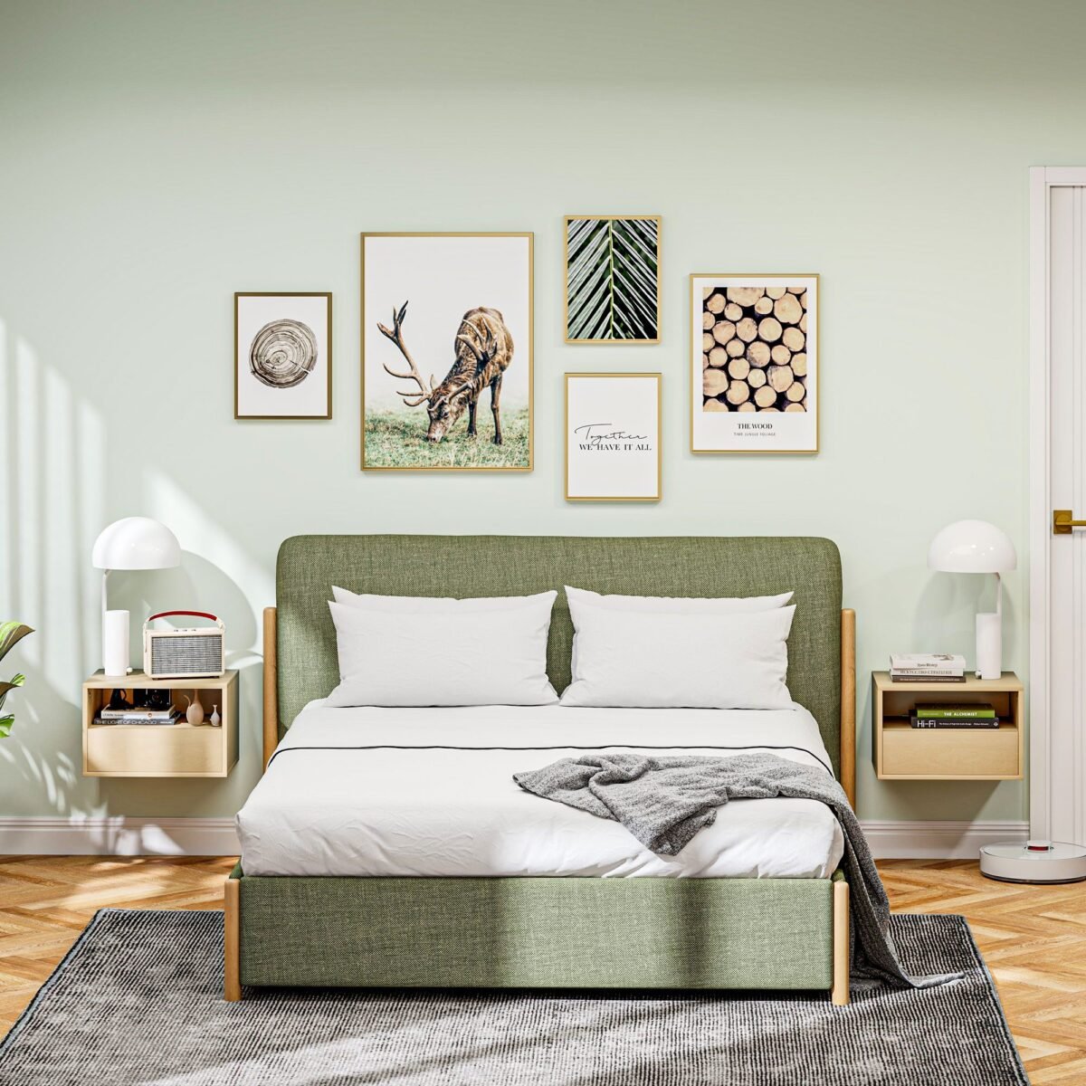 2 dalių sieninių naktinių staliukų rinkinys su stalčiumi ir atvira lentyna