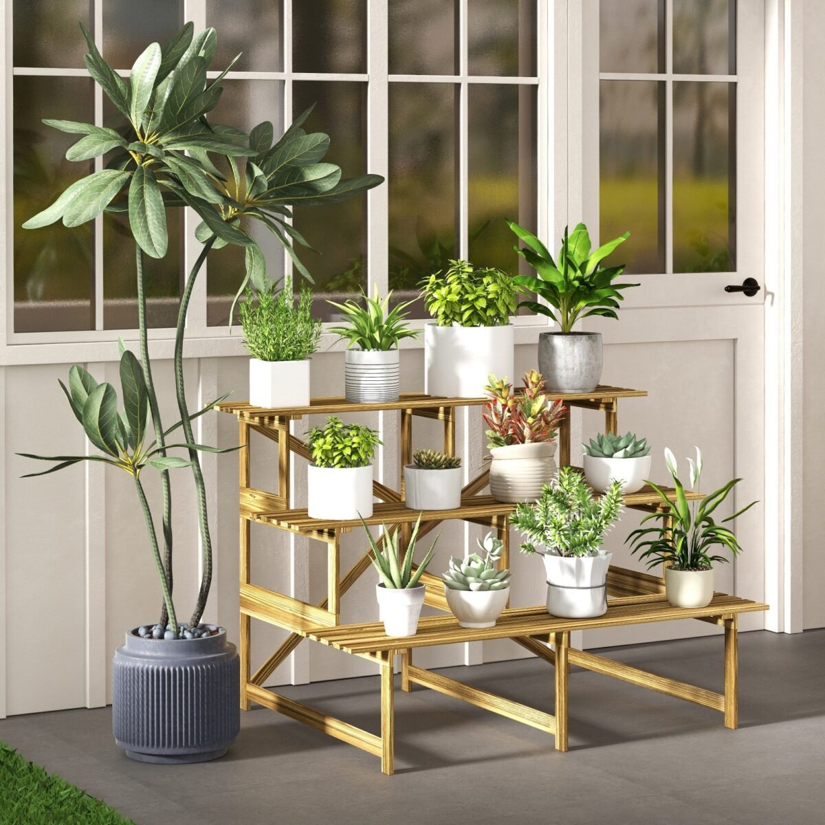 Eglės medienos trijų pakopų lauko augalų stovas