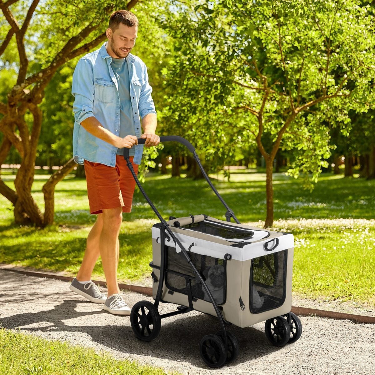 Sulankstomas gyvūnų vežimėlis su nuimamu krepšiu