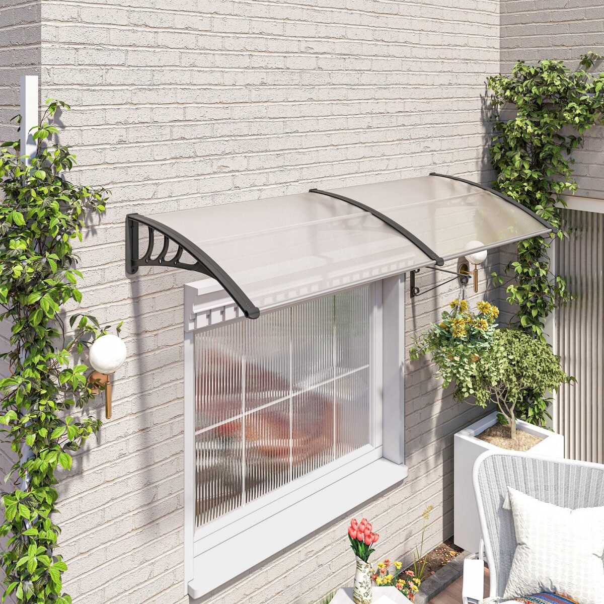 Dvigubas išlenktas durų stogelis su 5 mm polikarbonato plokšte ir aliuminio rėmu 75x195x23 cm