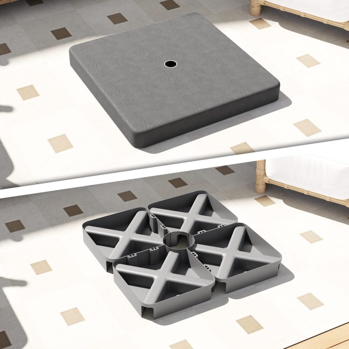 Smėliu pildomi, oro sąlygoms atsparūs skėčio stovo pagrindo svoriai