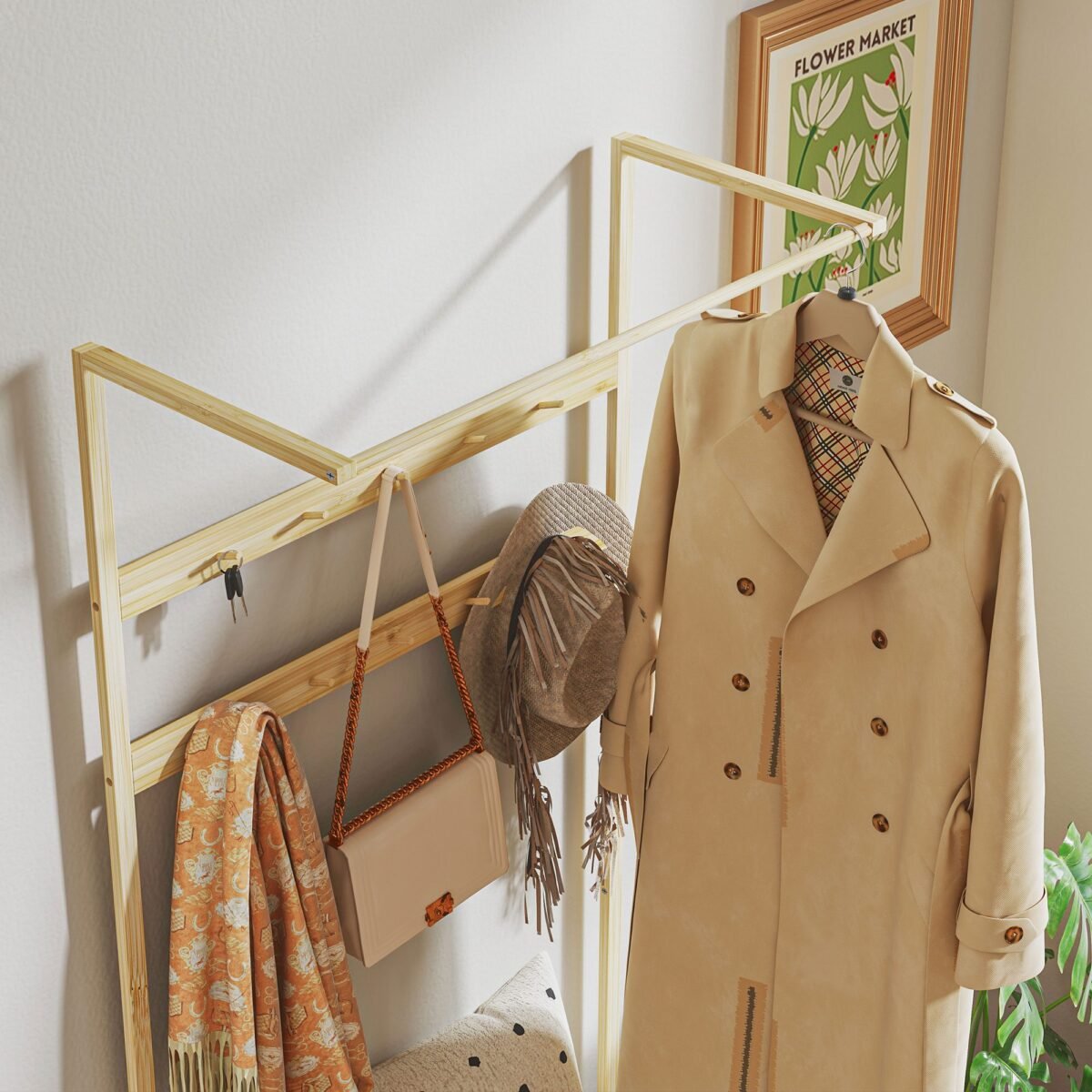 Bambuko prieškambario kabykla su batų suoliuku ir paslėpta daiktadėže