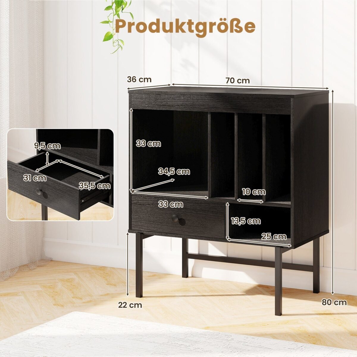 Stovas patefonui su laikymo sekcijomis ir stalčiumi (Juoda)