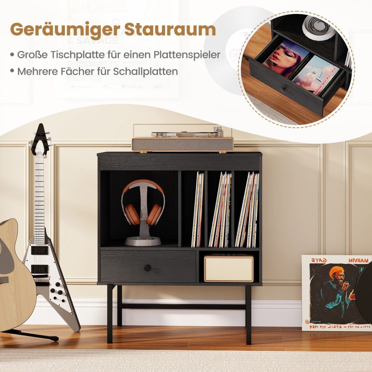 Stovas patefonui su laikymo sekcijomis ir stalčiumi (Juoda)