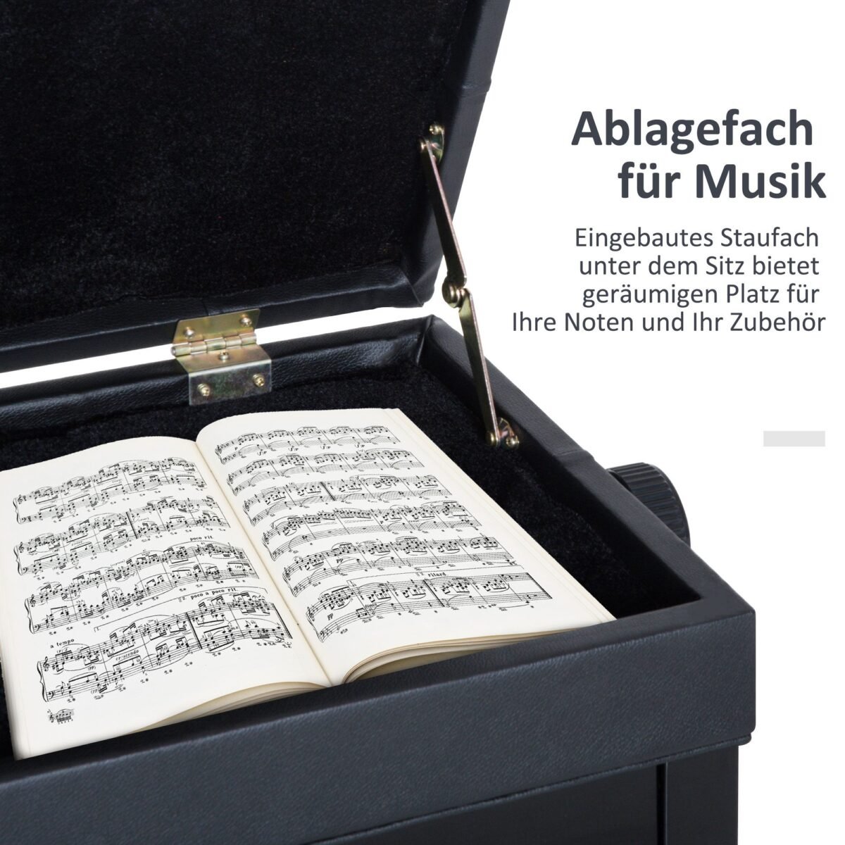 Reguliuojamo aukščio pianino suoliukas su paslėpta daiktadėže