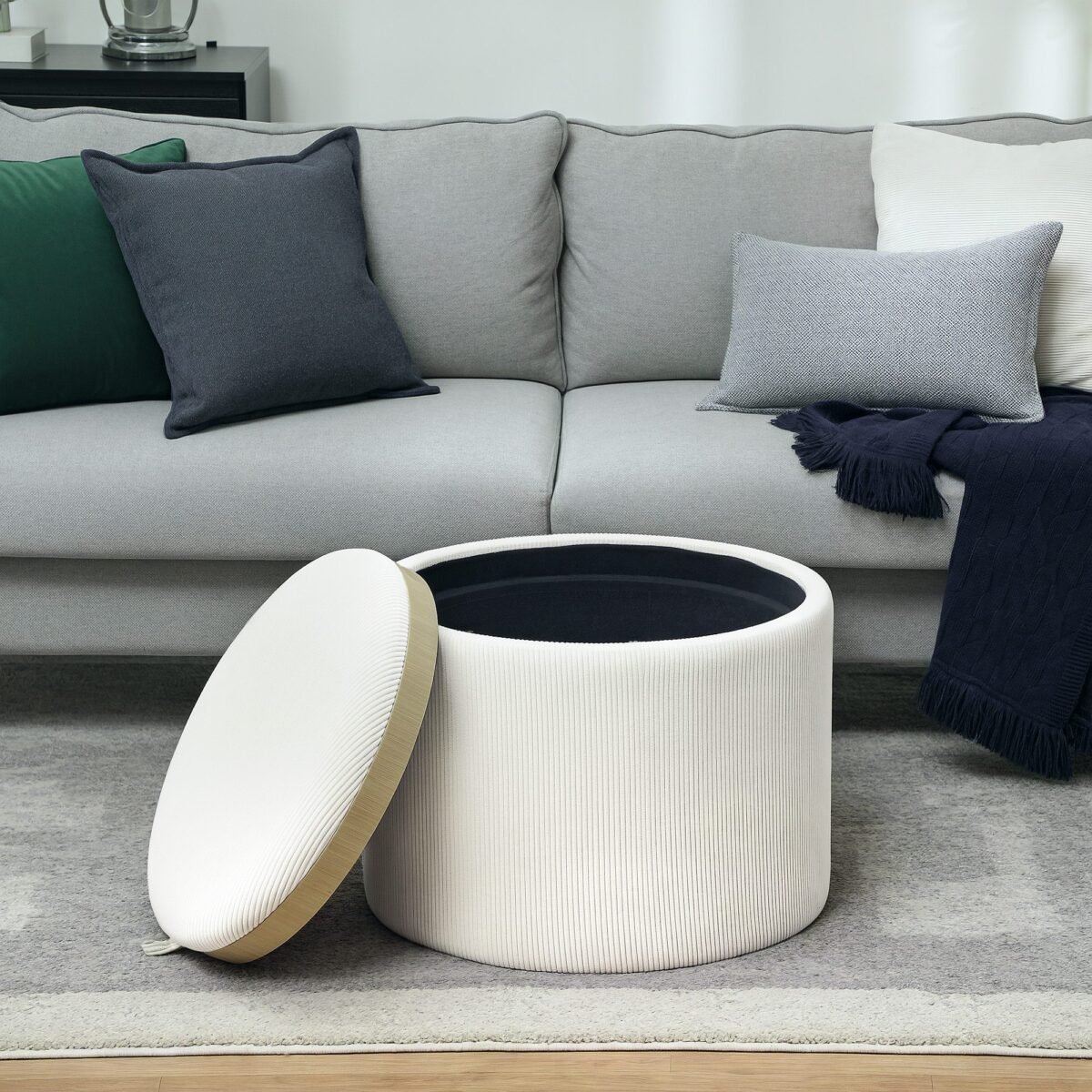 Apvalus pufas su daiktadėže ir nuimamu dangčiu-padėklu