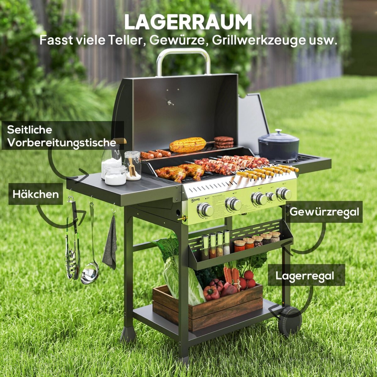 Dujinis grilis su 4 pagrindiniais degikliais, šoniniu degikliu ir pašildymo plokšte