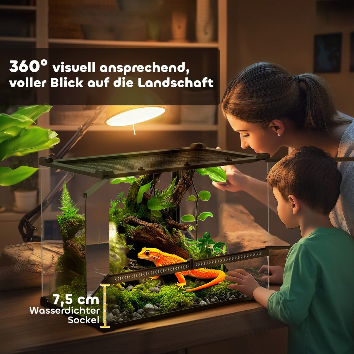 Reptilijų stiklinis terariumas su pakeltu, vandeniui atspariu dugnu ir mygtukiniu užraktu