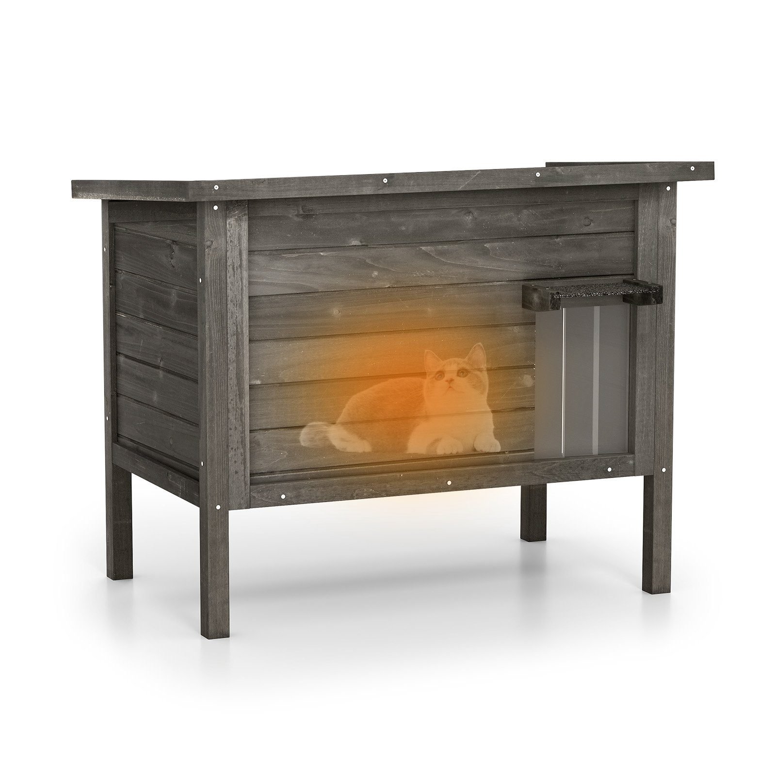 outdoorwinterfesteskatzenhausholzkatzenhttekatzenhhlemitschaumisolierungdachschwarz_image_6 Izoliuotas lauko kačių namelis su atidaromu stogu (Juoda)
