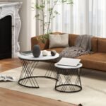 Kompaktiškas 2 dalių apvalių kavos staliukų komplektas su marmuro efekto stalviršiais