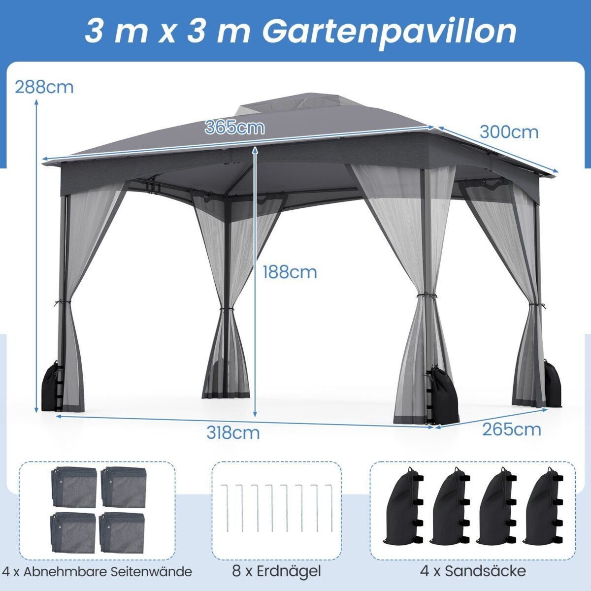Tvirtas sulankstomas pavėsinis su tinkleliu nuo uodų (Pilka)
