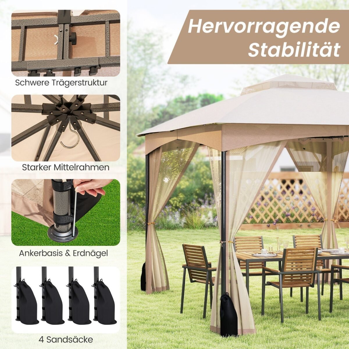 Sulankstomas paviljono su tinkleliu nuo uodų ir vėjo (Chaki)