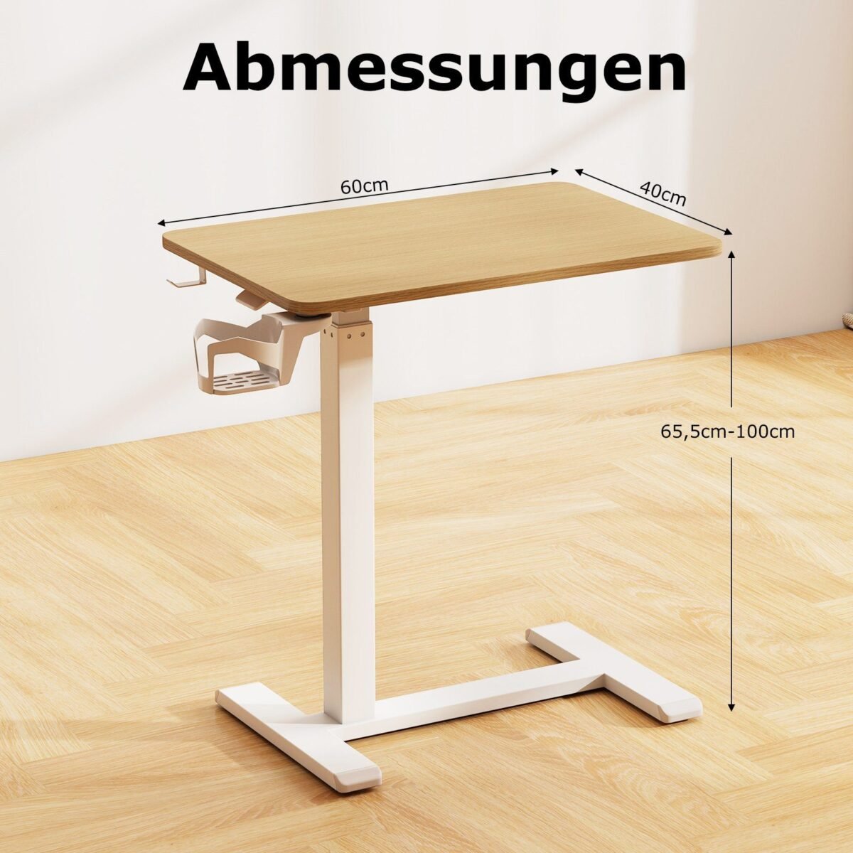 Aukščio reguliuojamas ratukinis staliukas su puodelio laikikliu (Natūrali)