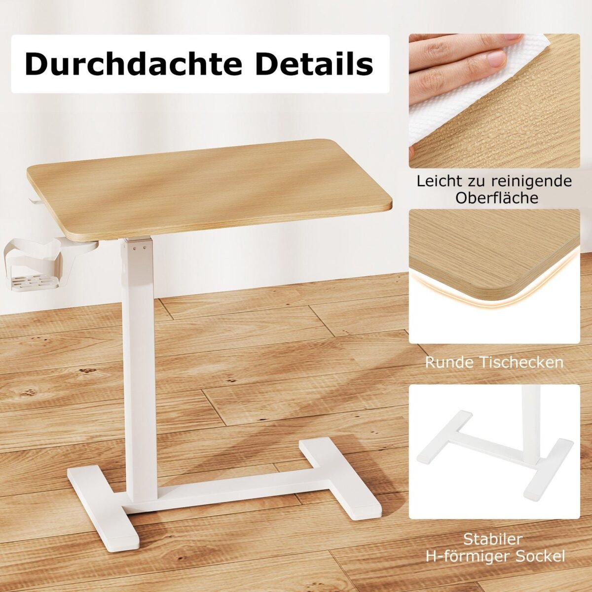Aukščio reguliuojamas ratukinis staliukas su puodelio laikikliu (Natūrali)