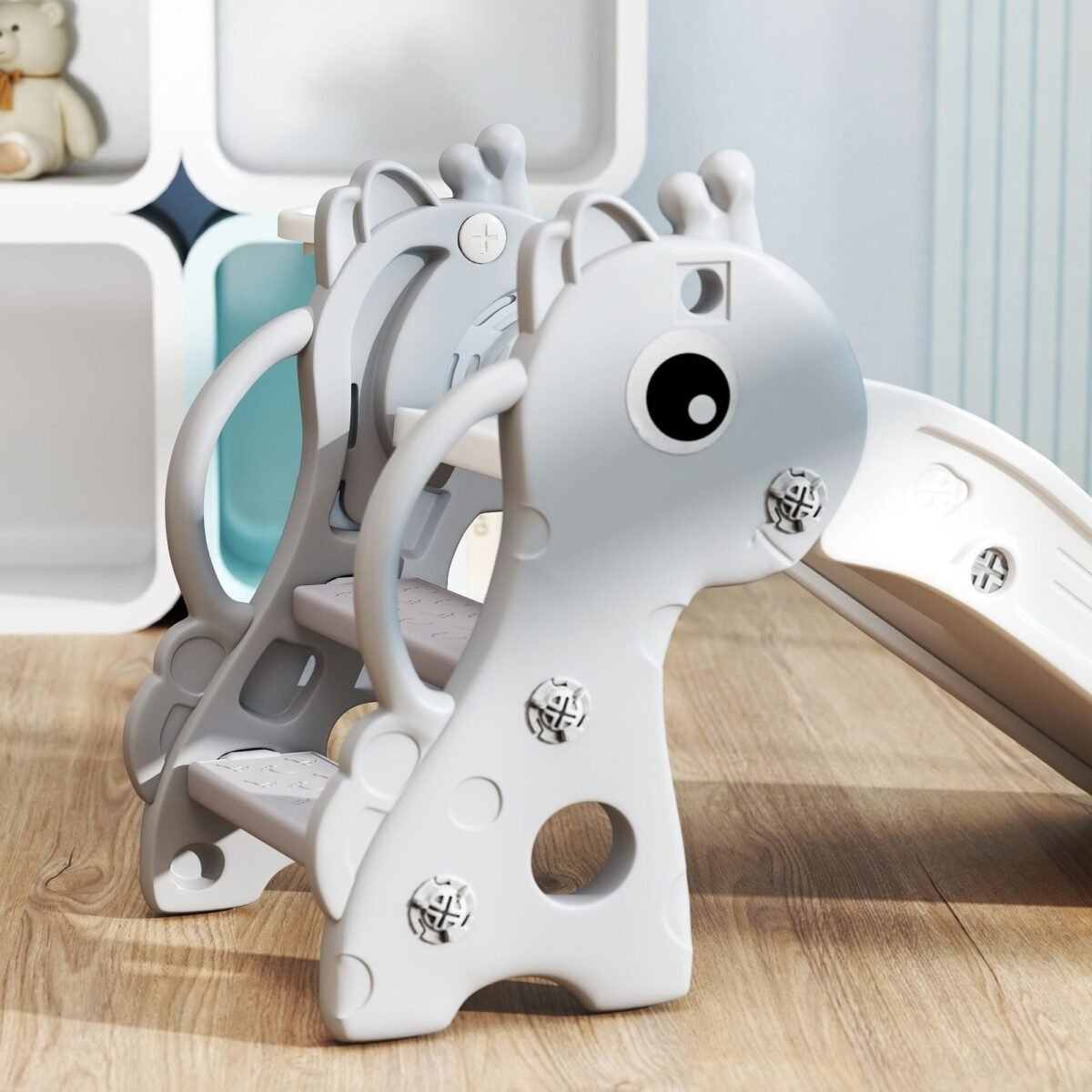 Žirafos formos vaikiška čiuožykla su krepšinio lanku ir kamuoliu