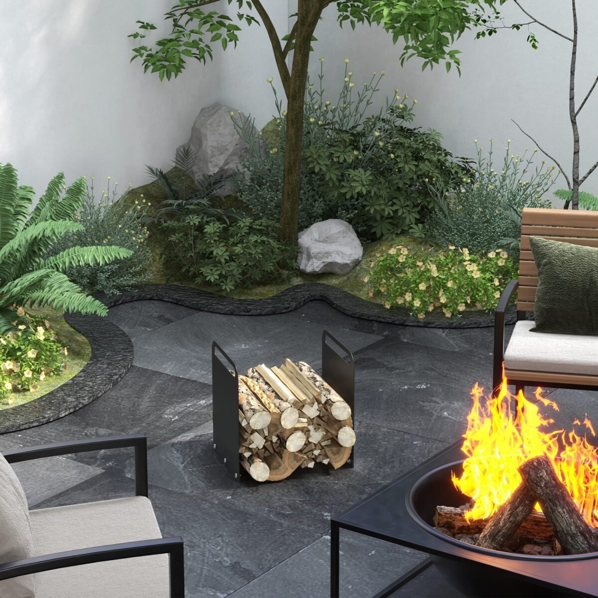 Plieninis malkų stovas su 2 nešiojimo rankenomis