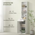 Aukšta siaura vonios spintelė su reguliuojama lentyna ir stalčiumi