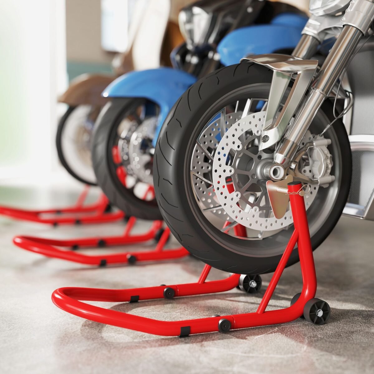 Reguliuojamas motociklo stovas priekiniam ir galiniam ratui – 544 kg keliamoji galia