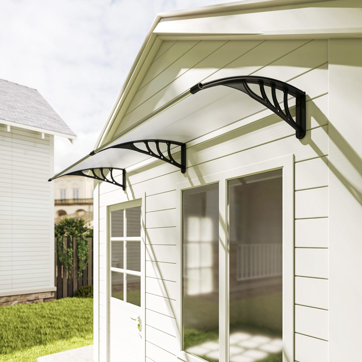 Dvigubas išlenktas durų stogelis su 5 mm polikarbonato plokšte ir aliuminio rėmu 75x195x23 cm