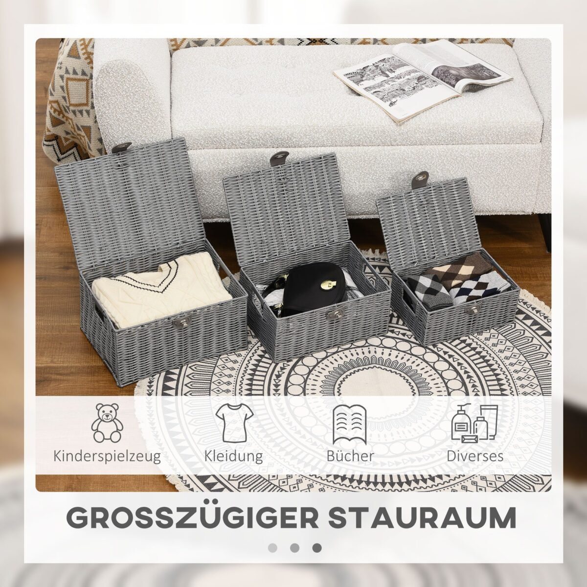 3 dalių dėtuvių krepšių rinkinys iš pintos PP medžiagos su saugiu uždarymu ir rankenomis