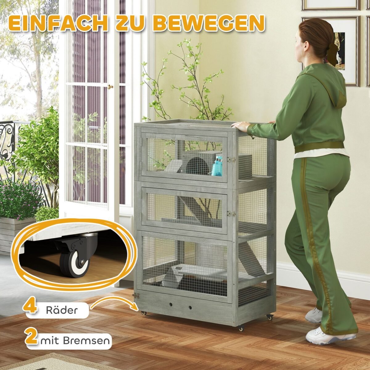 Medinis keturių aukštų hamsterio narvas su giliu padėklu