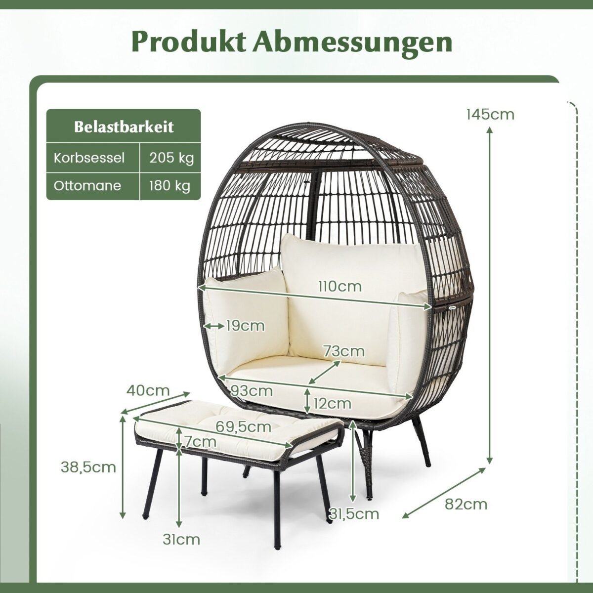 Didelis rotango lauko krėslas su pufu (Balta)